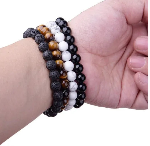 Black agate geometric stretch bracelet for women with 8mm beads