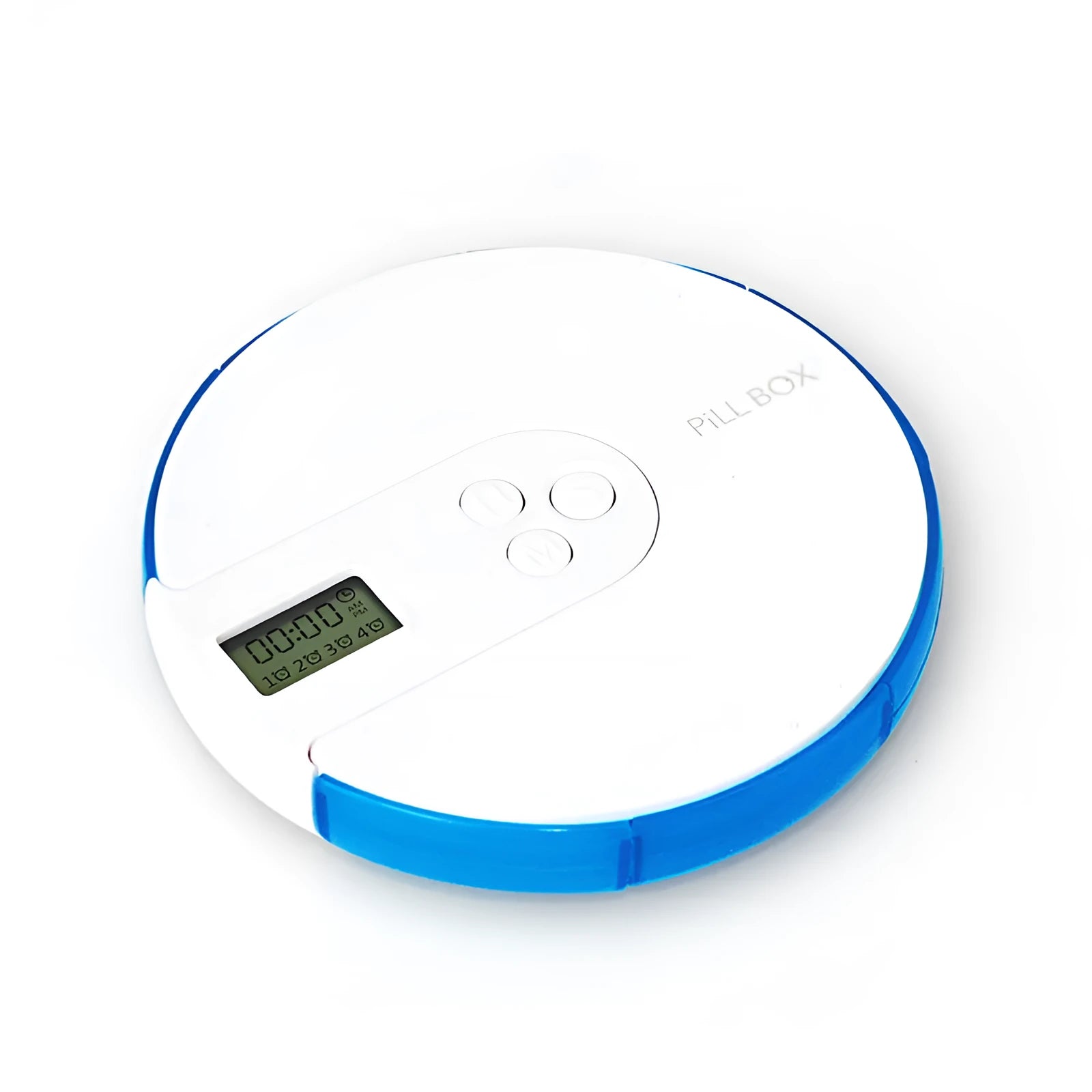 7-compartment alarm clock pill dispenser in multiple colours showing timer display and storage sections.