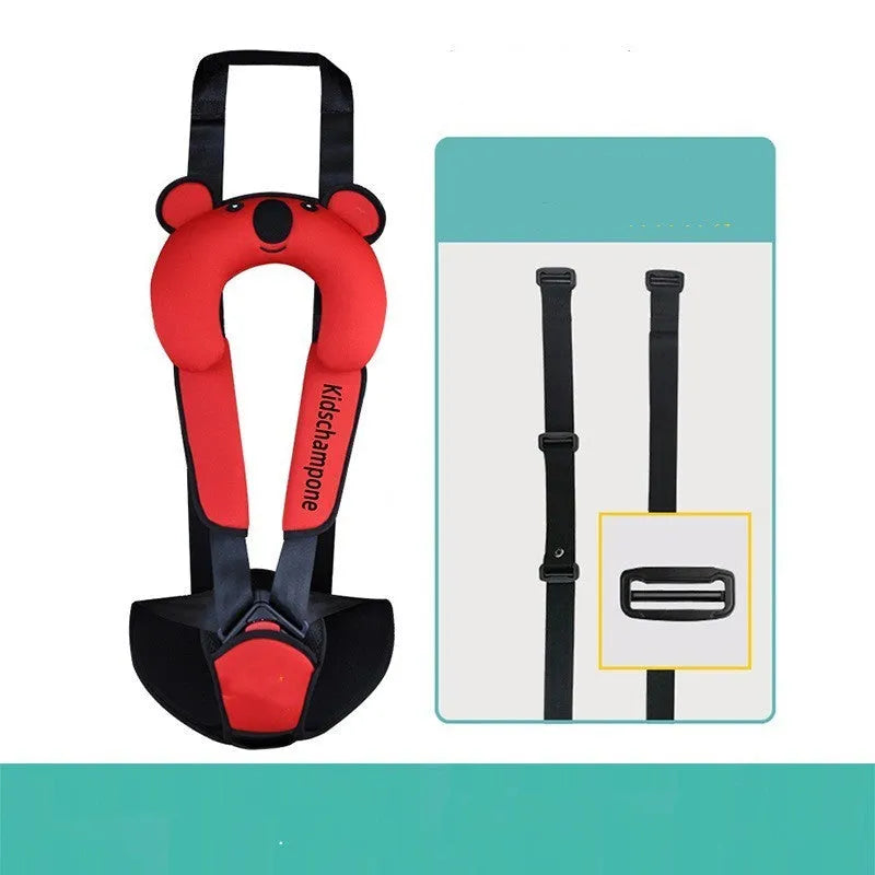 Cute Number One portable child car seat belt retainer in rose pink, shown on a car seat.