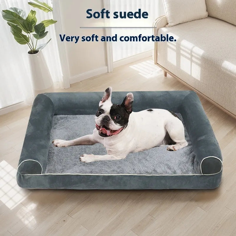 Square dog bed with sponge filling shown in blue colour with dog resting