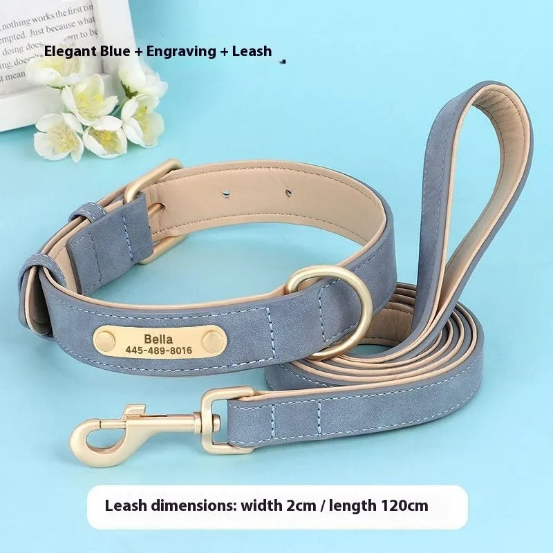 Double-layer leather dog collar and matching lead in rose red, brown, or blue colours