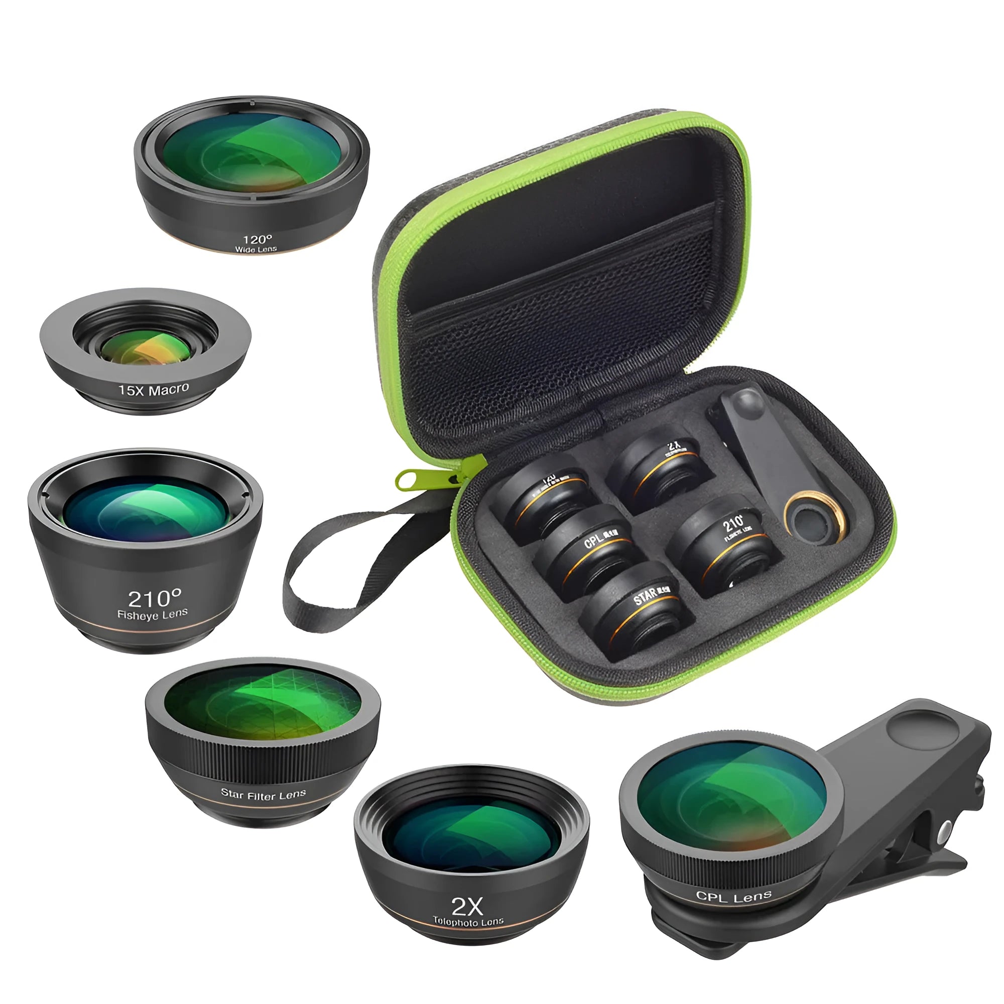 Black 6-in-1 smartphone lens kit with fisheye, wide angle, macro, telephoto, CPL and star filters on universal mounting clip