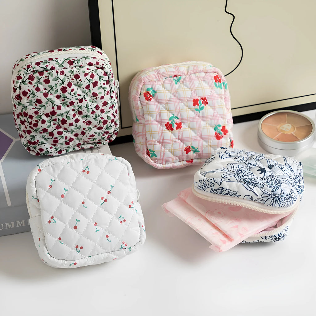 Women's floral polyester key storage bag with sewing thread details in multiple colour options