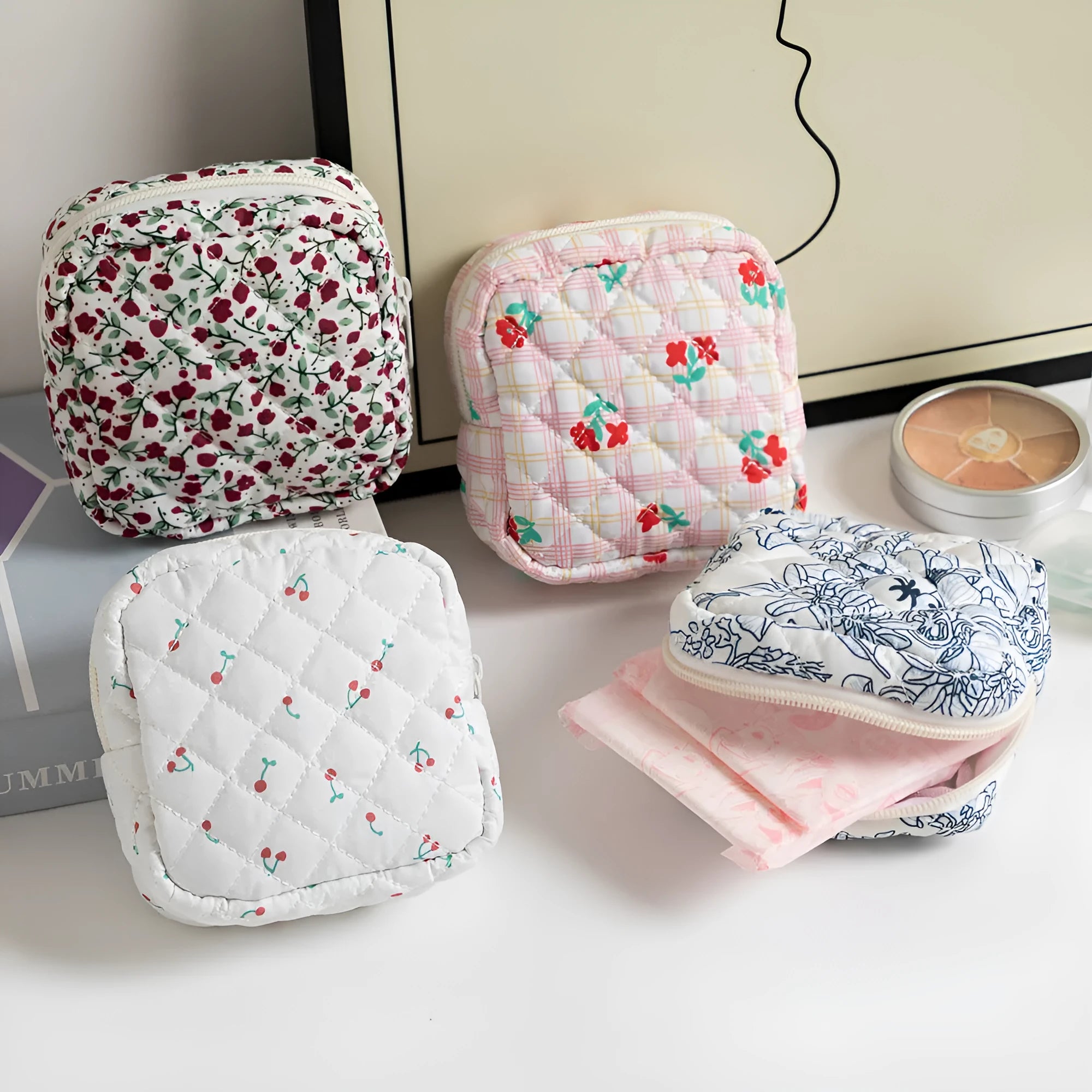 Women's floral polyester key storage bag with sewing thread details in multiple colour options
