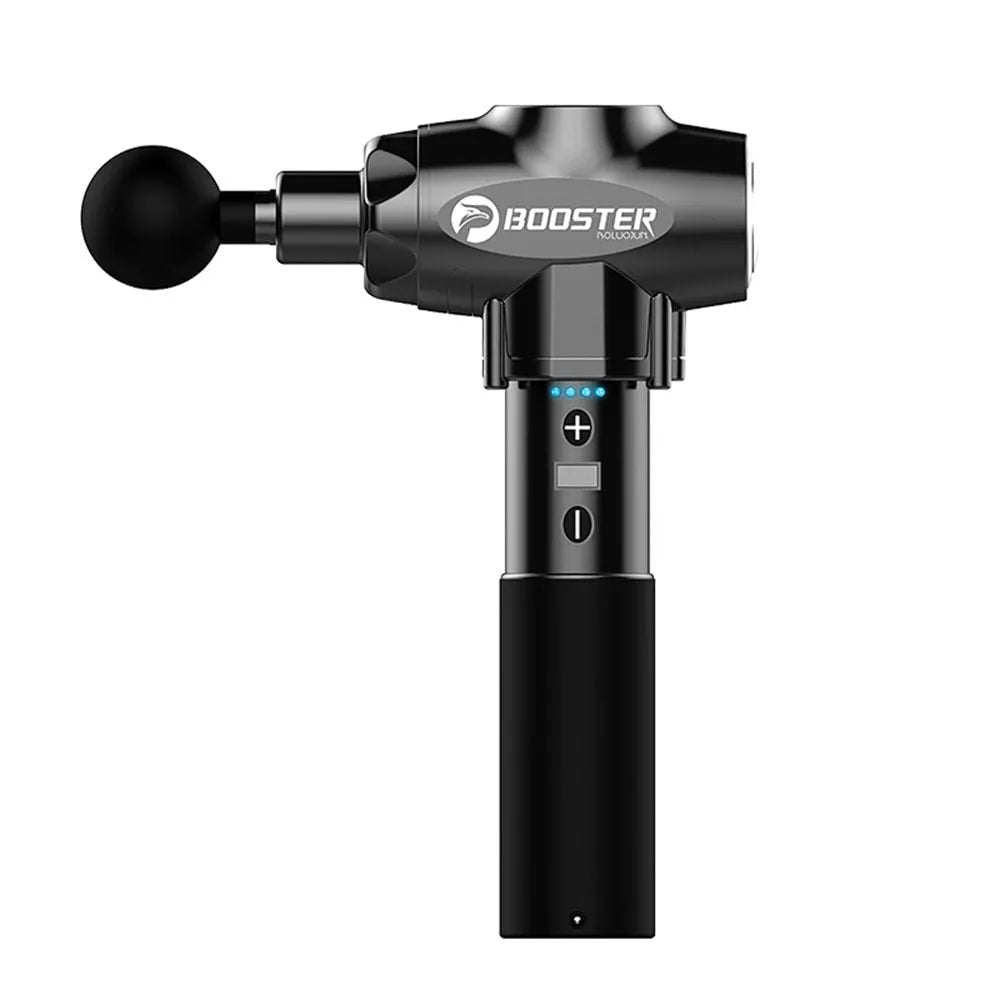 Black and white massage gun with adjustable speed control for muscle percussion therapy