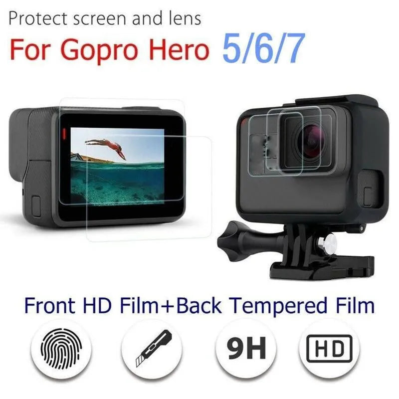 GoPro Hero camera with transparent tempered glass lens protector and LCD screen protector applied.