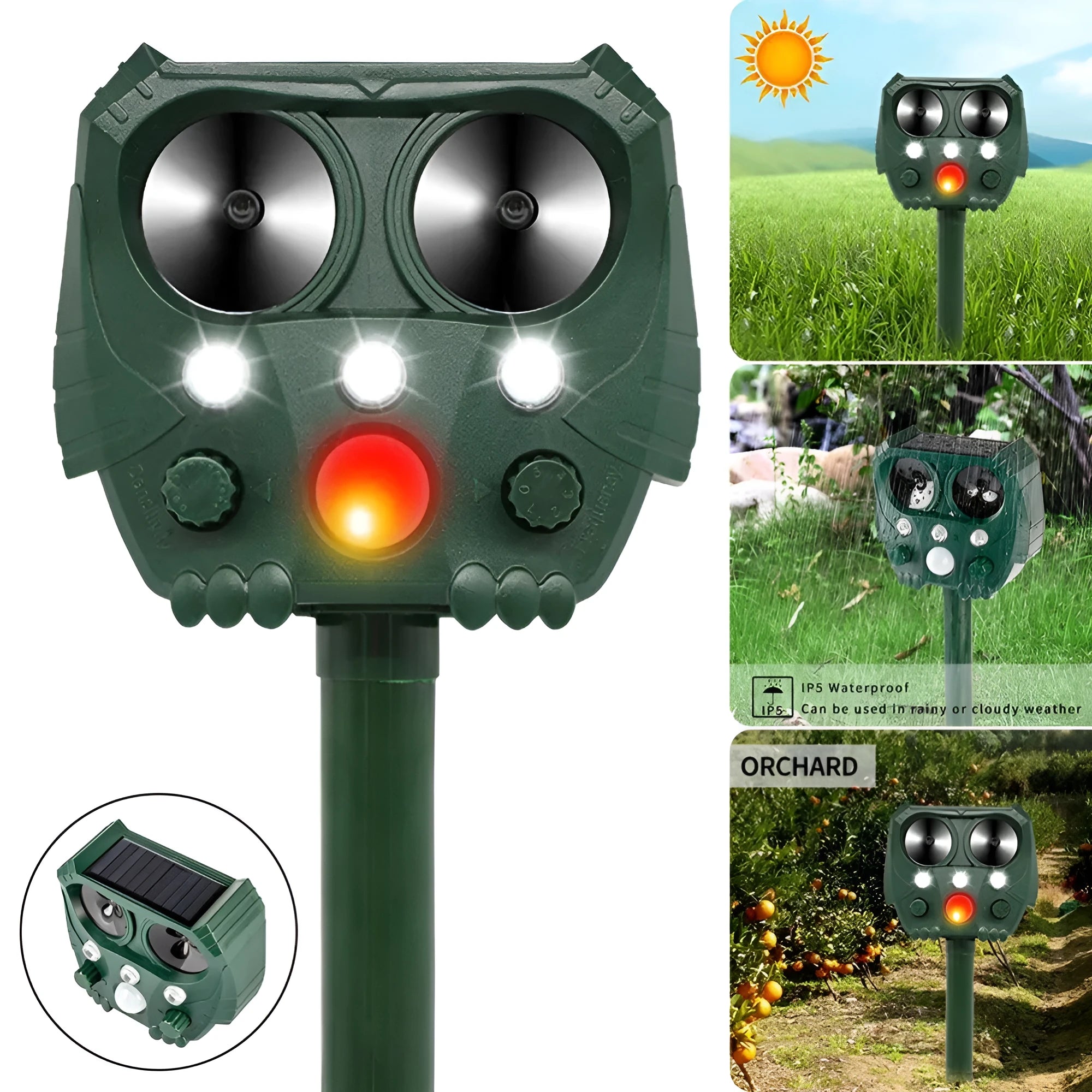 Green solar ultrasonic animal repeller unit with solar panel and LED lights