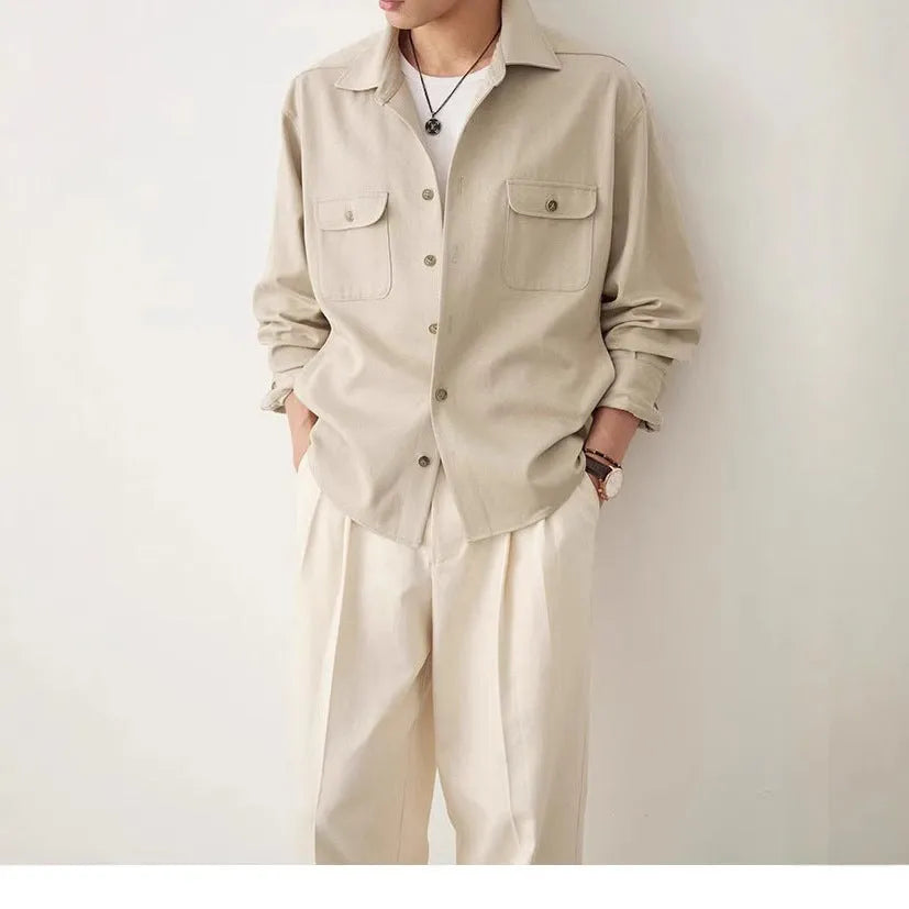 Men's lapel collar casual shirt in chemical fibre blend fabric showing simple profile design