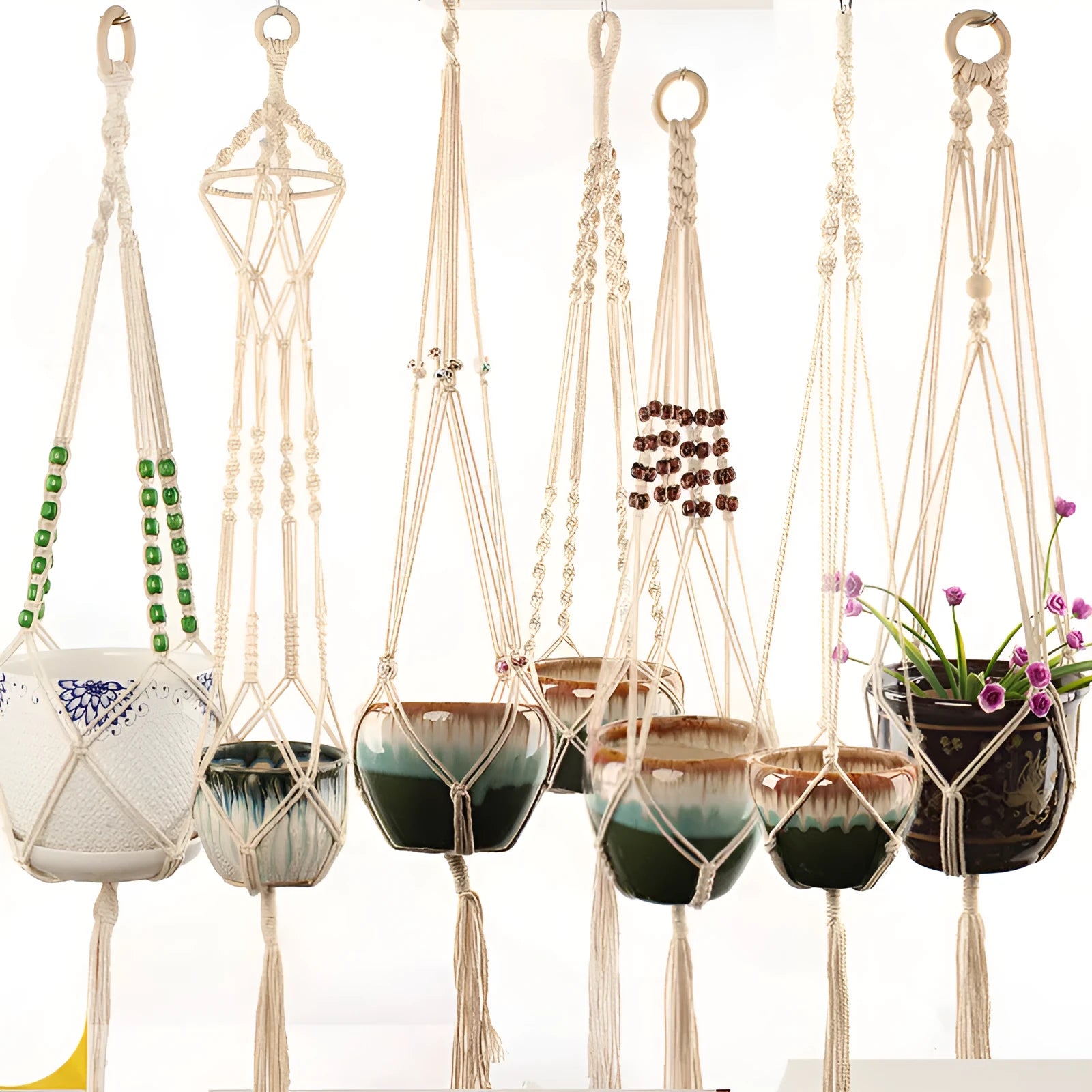 Cotton rope woven wire plant basket shown in desktop, wall hanging, and hanging basin styles.