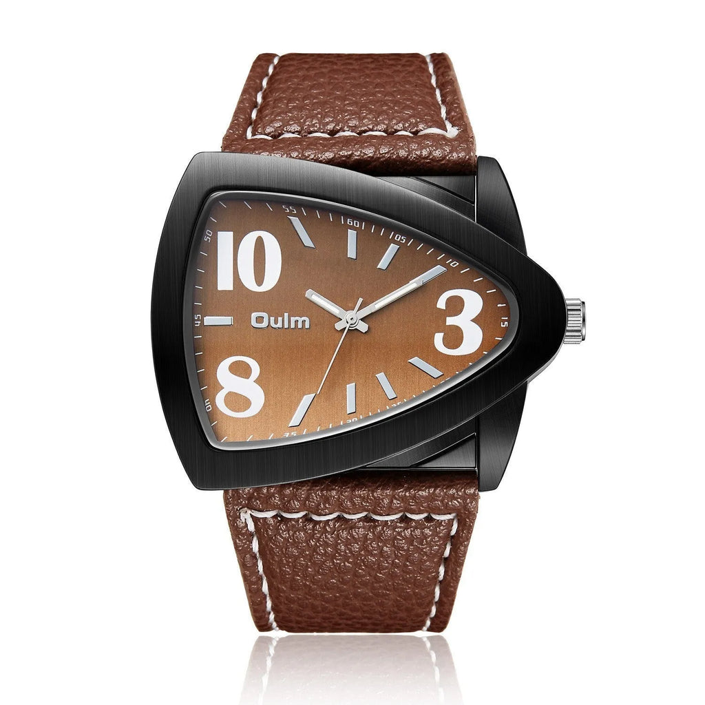 Men's casual quartz watch with triangle belt detail on case and brown leather strap, showing slim 9mm profile.