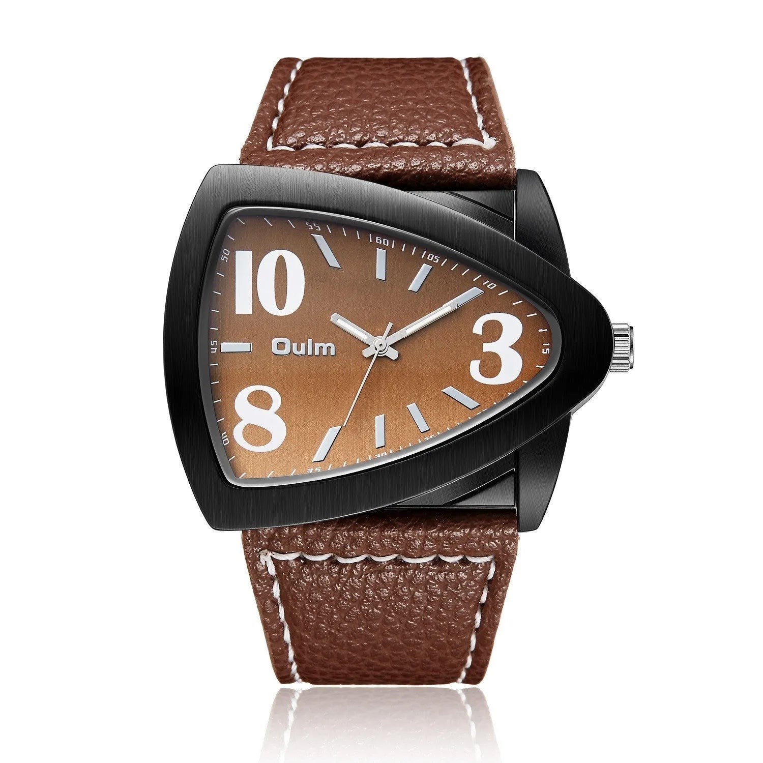 Men's casual quartz watch with triangle belt detail on case and brown leather strap, showing slim 9mm profile.