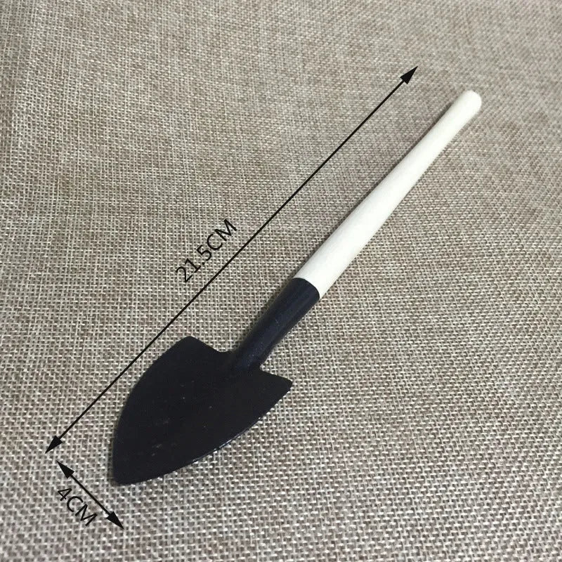 Succulent gardening tool set showing mini shovel, tweezers, watering can and transplant tools for small pot plants