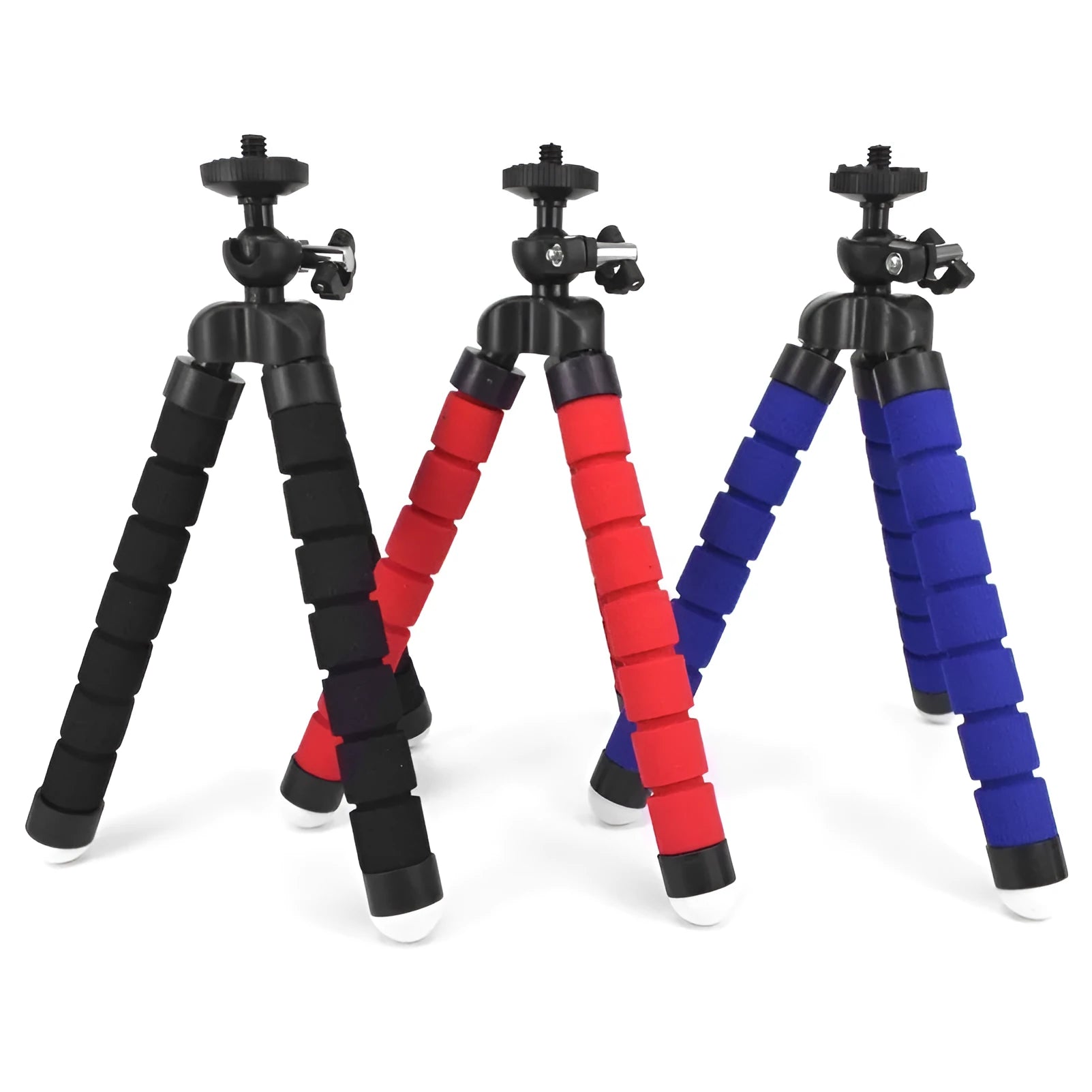Black flexible octopus tripod with bendable legs wrapped around a pole next to a smartphone.