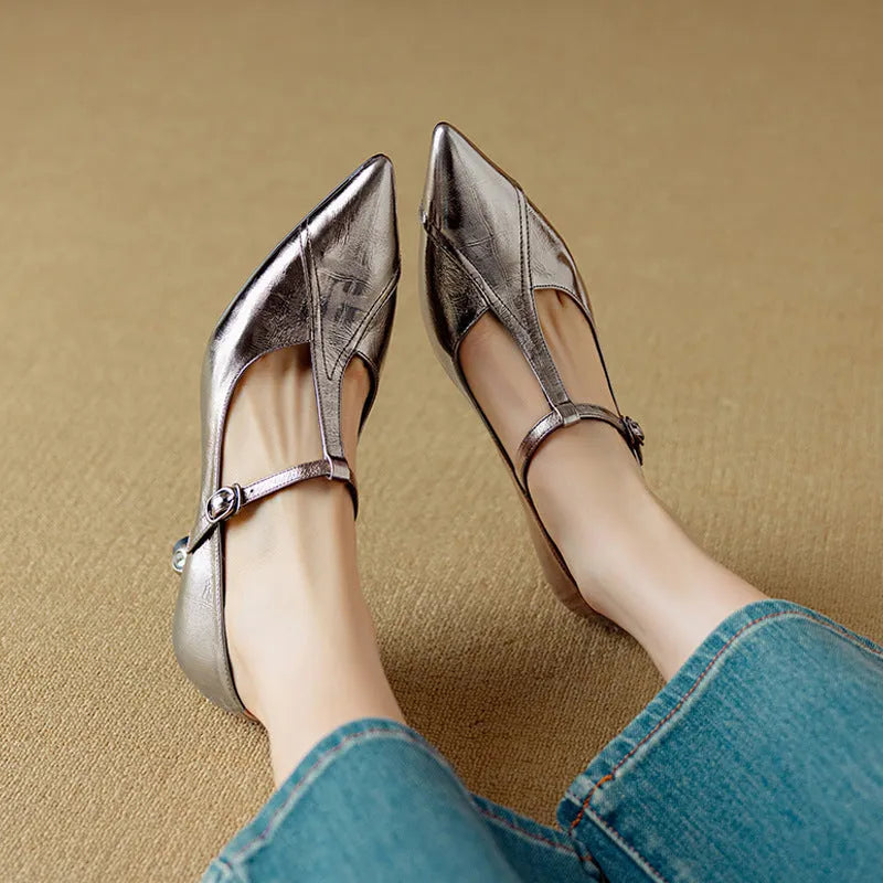 Women's genuine leather high heel shoes with chunky mid heel in gun colour and pink options
