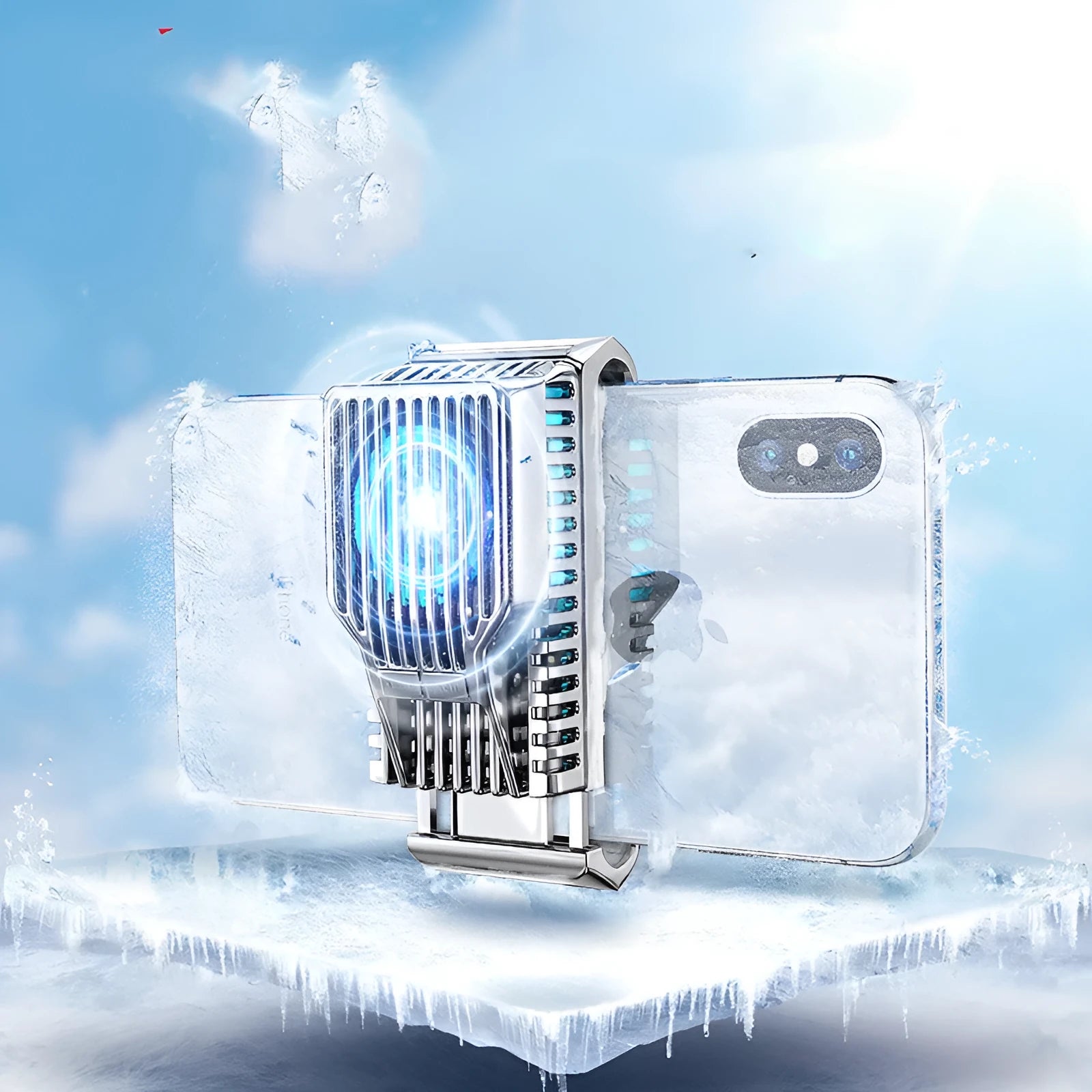 Black clip-on mobile phone cooling radiator fan with aluminium blades, shown next to a data cable.