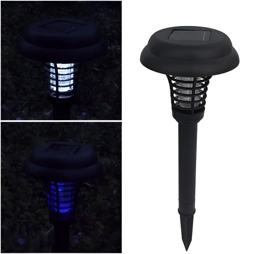 Black solar-powered mosquito killer lamp with white and purple LED lights for garden insect control.