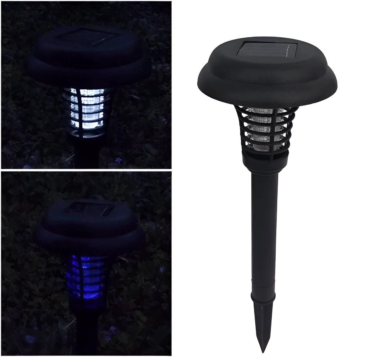Black solar-powered mosquito killer lamp with white and purple LED lights for garden insect control.