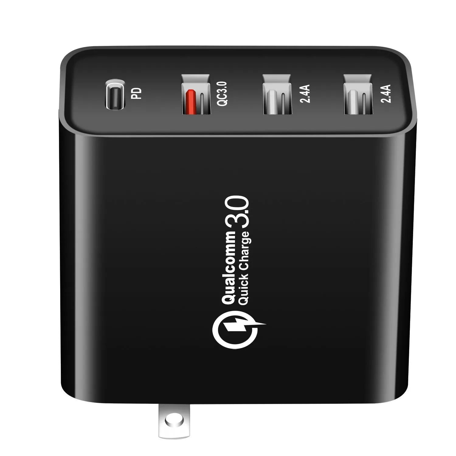 Black and white 48W USB-C PD charger with four ports and AU, EU, UK, US plug adapters