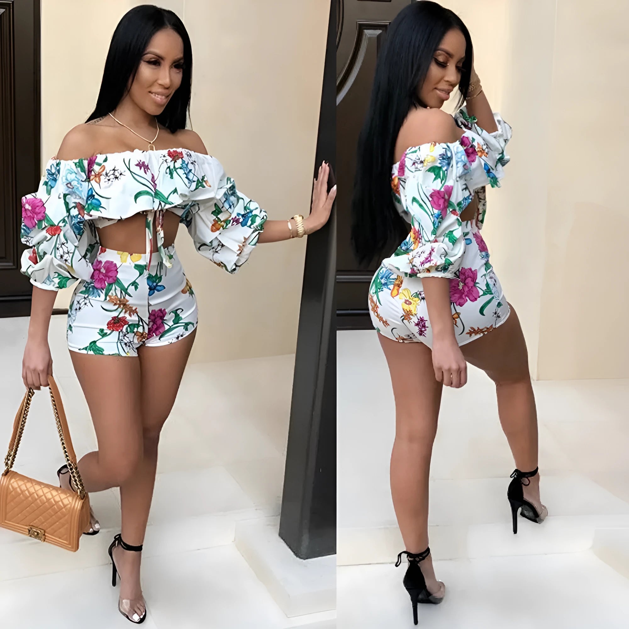 Women's two-piece pyjama set with fleece-lined sleeves and multicolour digital geometric print