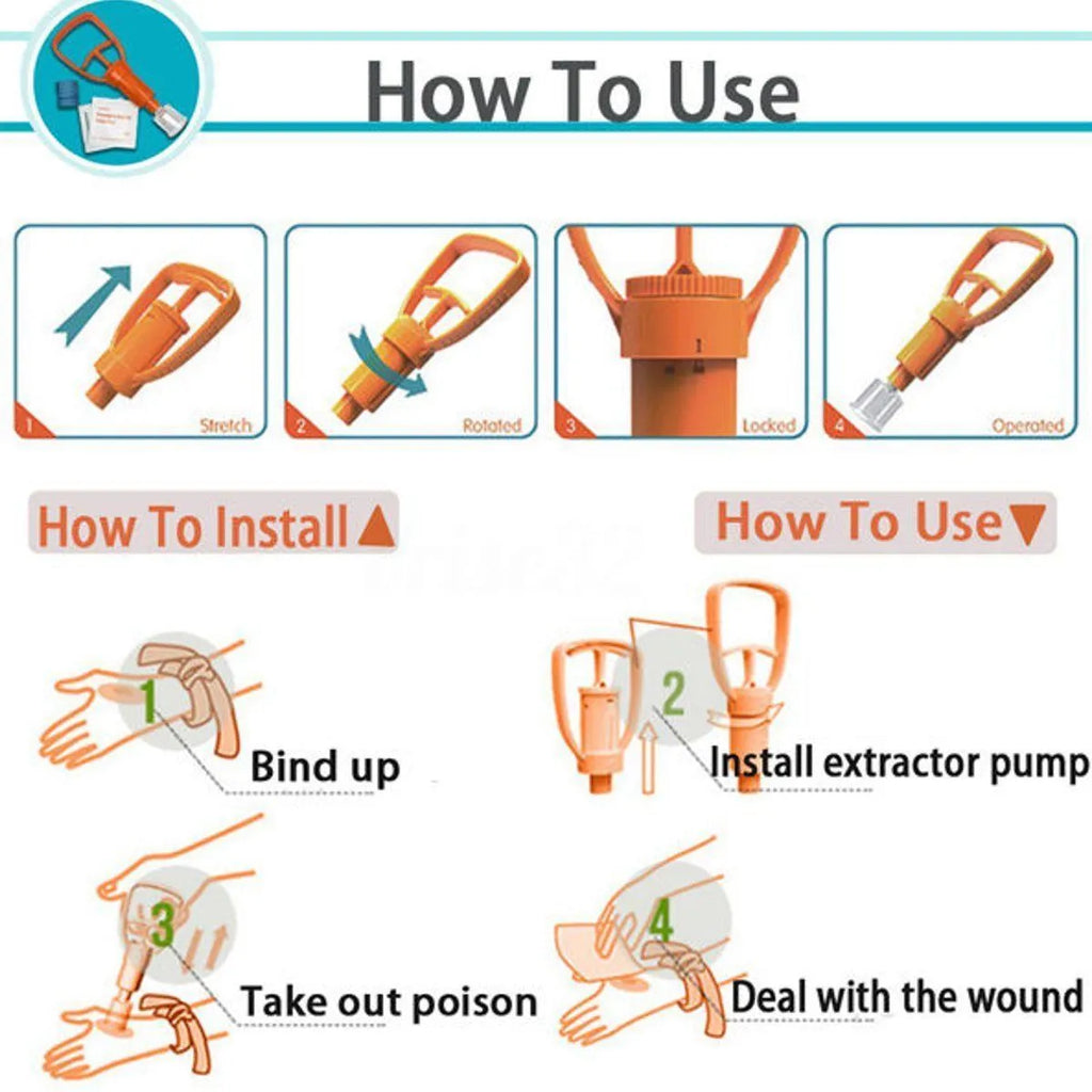 Orange portable first aid kit open, showing a venom suction pump, two suction cups, a tourniquet, and antiseptic swabs.