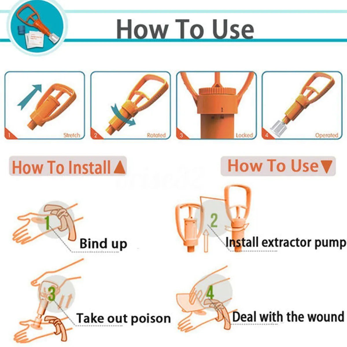 Orange portable first aid kit open, showing a venom suction pump, two suction cups, a tourniquet, and antiseptic swabs.