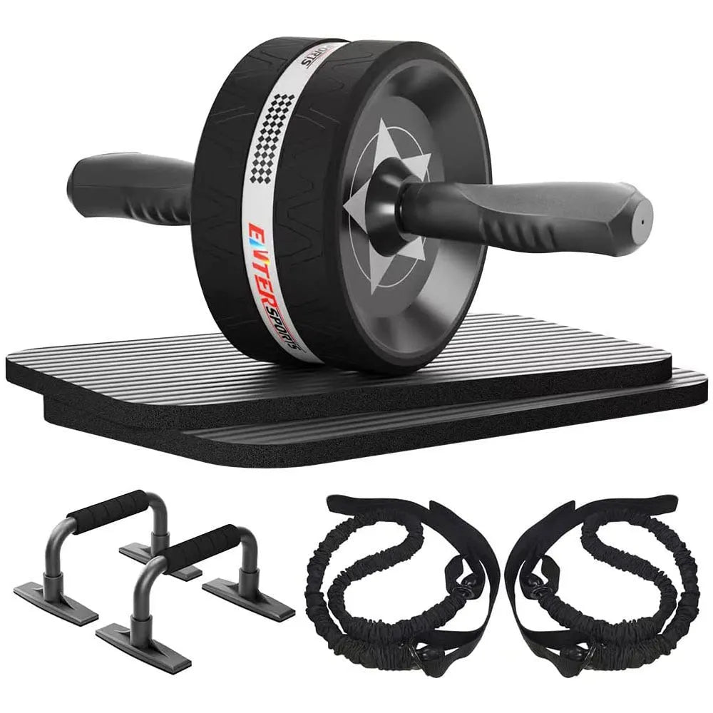 Indoor push-up bracket and set of seven abdominal wheels for home fitness, shown in red, green, black, and blue colours.