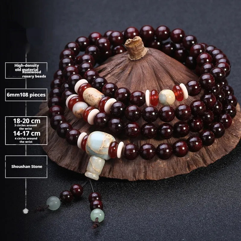Traditional rosewood men's bracelet with 108 beads, showing lapis lazuli and turquoise style options.