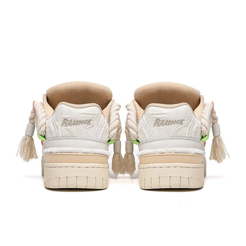 Milky white retro lace-up skateboard shoes with round toe and rubber sole