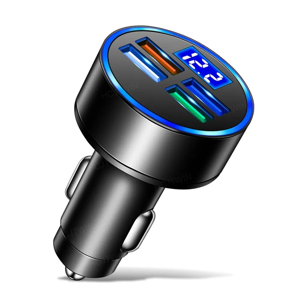 Black multi-port USB car charger with four ports and cigarette lighter plug for vehicle use