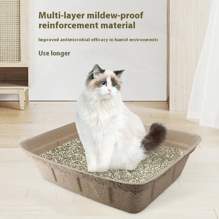 Brown disposable waterproof cat litter box shown in three different sizes.