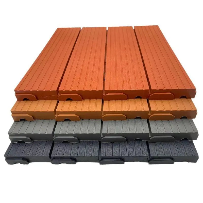 A pack of 10 square wood grain plastic floor tiles showing non-slip surface texture.