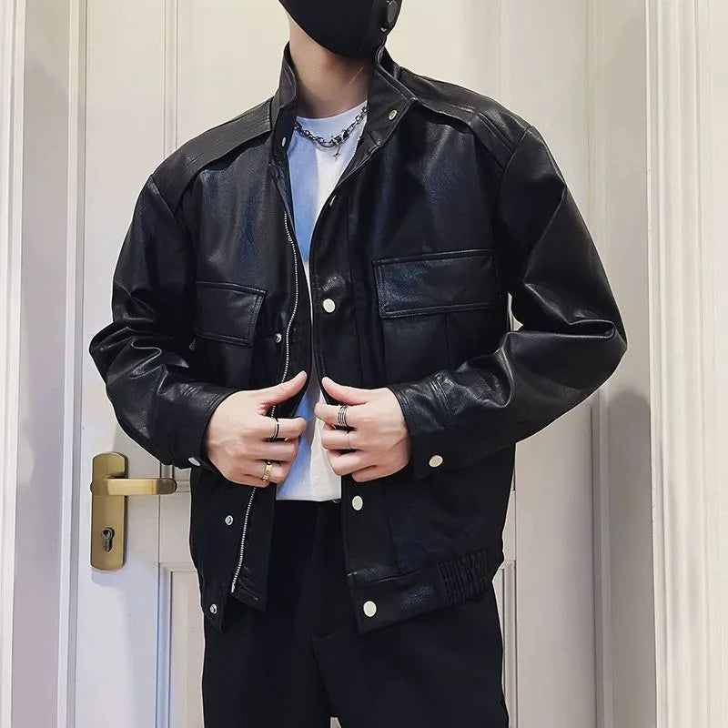 Men's black Korean style PU leather jacket with side pockets and polyester lining