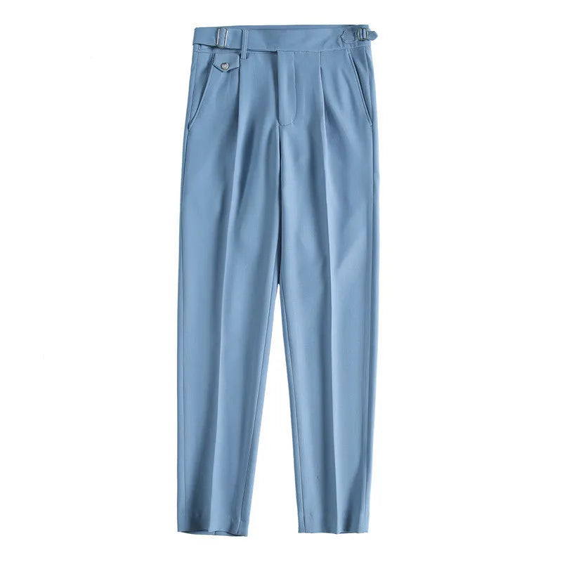 Men's straight-leg casual trousers in a solid colour on a hanger.