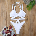 Solid colour strap bikini swimsuit for women shown in black, blue, red, rose red and white colour options