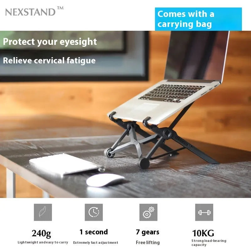 Sagacious black portable folding laptop bracket with carrying case showing lifting mechanism