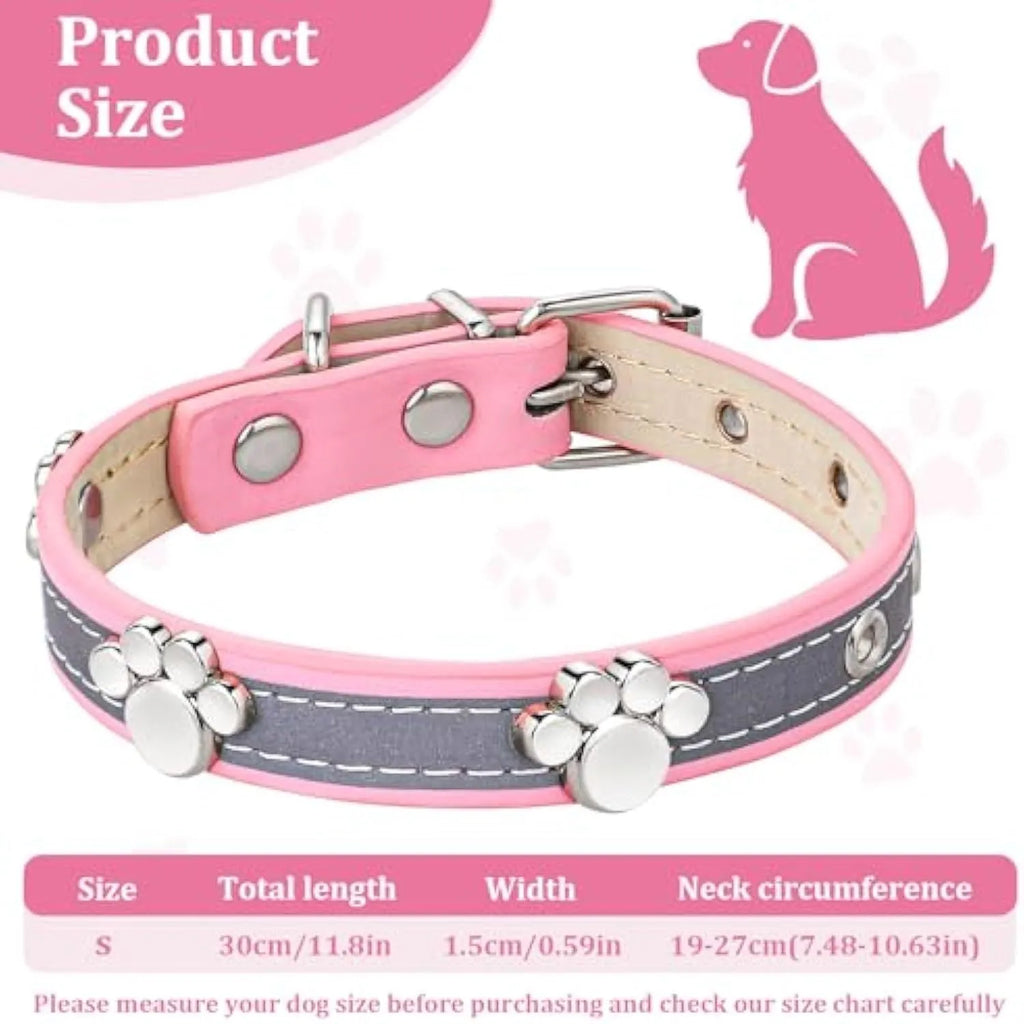 Reflective adjustable dog collar in soft PU leather with paw-shaped metal rivets