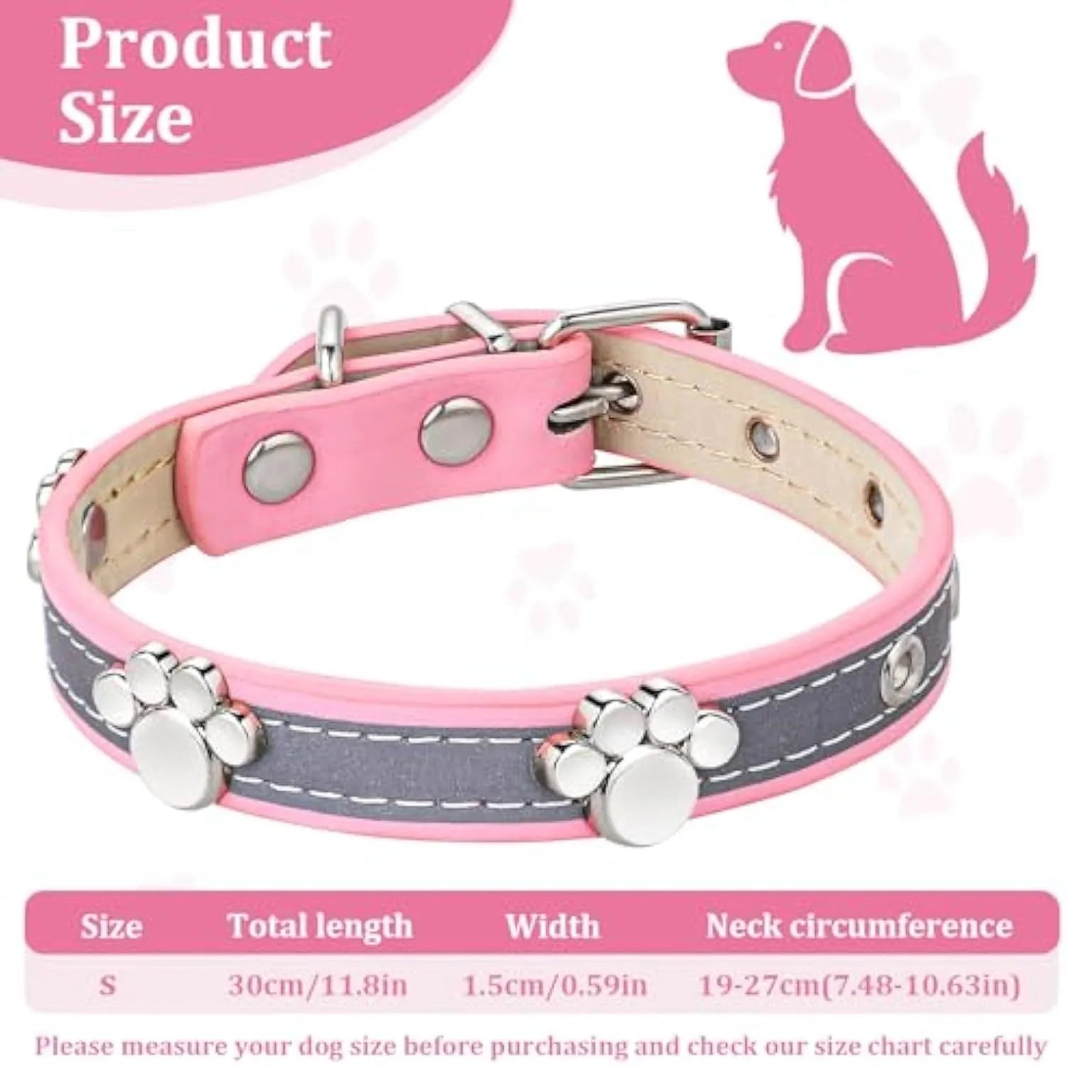 Reflective adjustable dog collar in soft PU leather with paw-shaped metal rivets