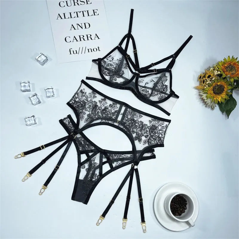 Black lace mesh floral print three-piece women's outfit with waist ring accessory