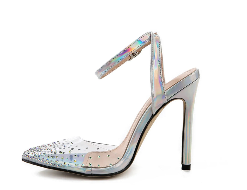Women's pointed toe stiletto sandals with diamond decoration on PVC upper in Asian sizes 35-42