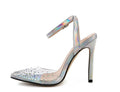 Women's pointed toe stiletto sandals with diamond decoration on PVC upper in Asian sizes 35-42