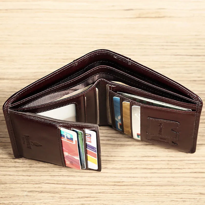 Men's brown leather bifold wallet open to show internal card slots, coin pocket, and photo holder.