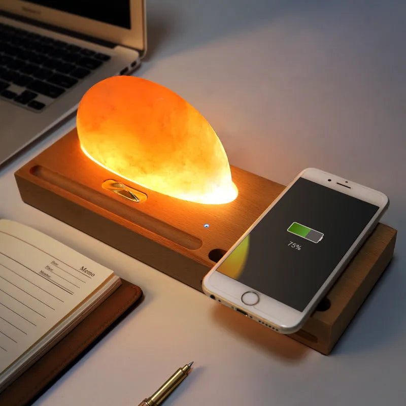 Sunrise Oriental natural crystal salt lamp with beech wood base and integrated wireless phone charging pad