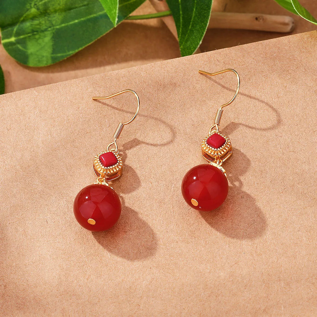 Geometric agate earrings with southern red round beads and S925 silver inlaid jasper accents on copper alloy