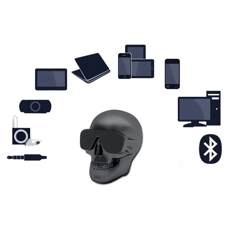 Limited edition Skull-shaped portable Bluetooth speaker in black, showing compact size.