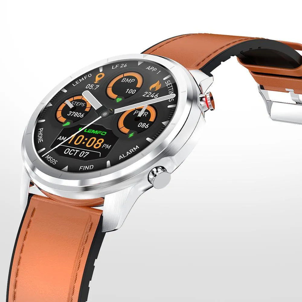 LEMFO LF26 smart fitness bracelet with touch screen, shown in black and silver colour options on a wrist.