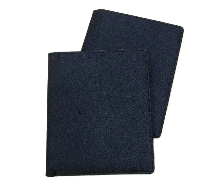 Blue imitation leather PU notebook shell for A4 pages, shown with a clear PP storage bag.