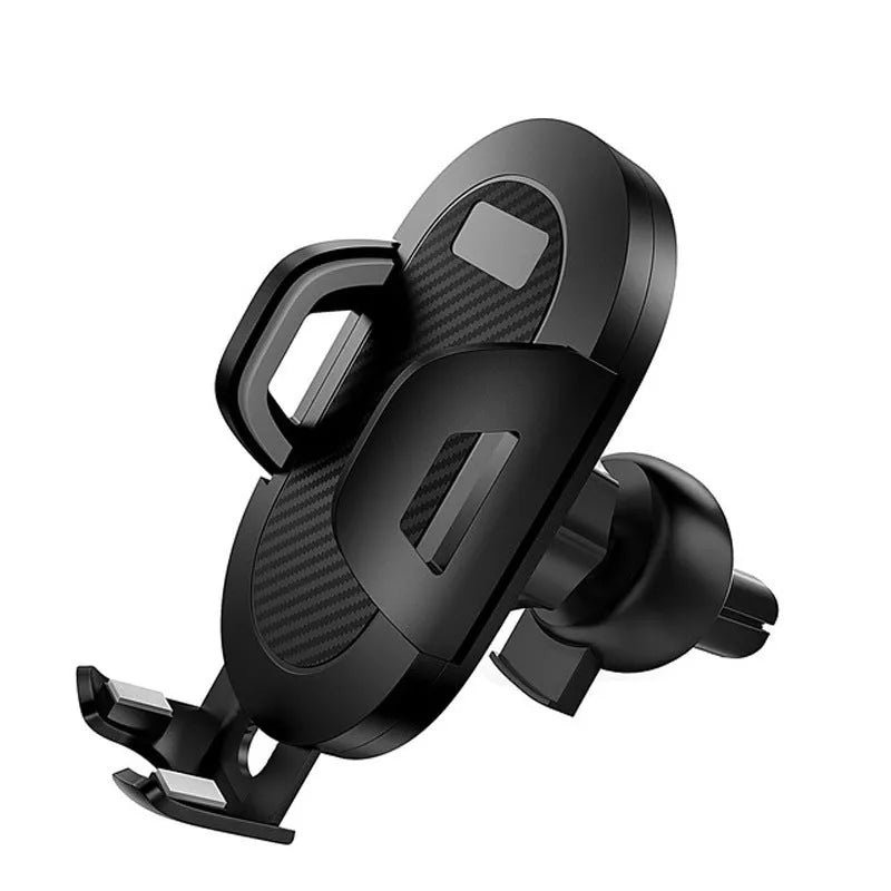 Black and grey auto lock car phone holder mounted on a car air vent, holding a mobile phone.