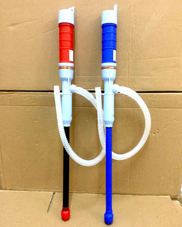 Blue manual hand pump siphon for transferring fuel and oil to vehicles and equipment