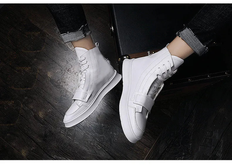 Men's black and white high-top winter ankle boots made from PU leather and microfiber.