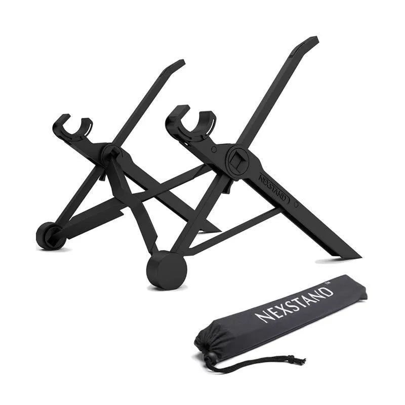 Sagacious black portable folding laptop bracket with carrying case showing lifting mechanism